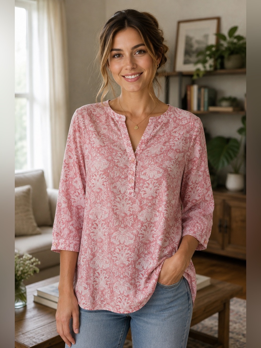 Tantrums Sz L Pink and White Toile Floral Cotton Tunic Top Flowy Cottagecore